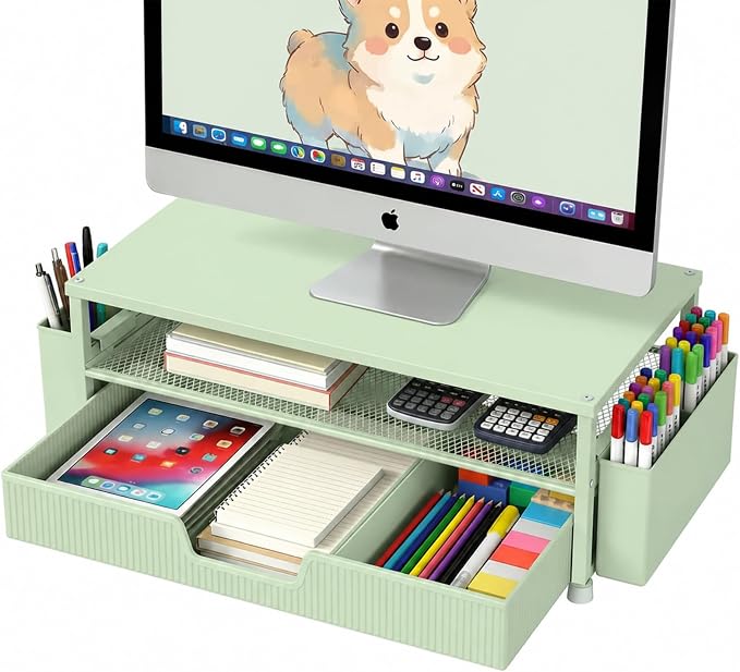 ECOLOVI Desk Organizer and Accessories, 2-Tier Computer Monitor Stand Rise with Storage Drawer & 2 Pen Holders, Laptop & Printer Stand for Desktop, Workspace Organizers for Office Supplies (Green)
