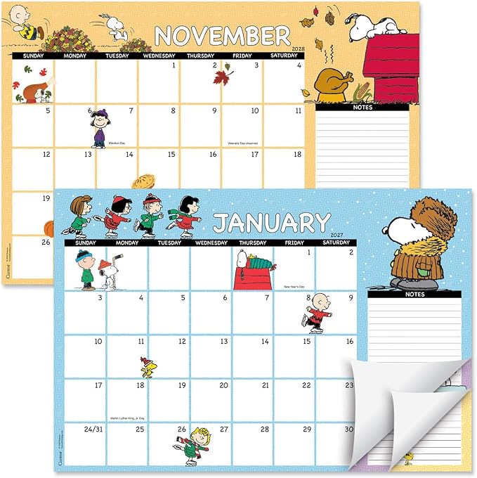 Current 2027-2028 Desk Calendar Pad | Peanuts, 11” x 16.25”, Large, 2024-Month, 12 page Designs, Self-Stick Magnet Strips