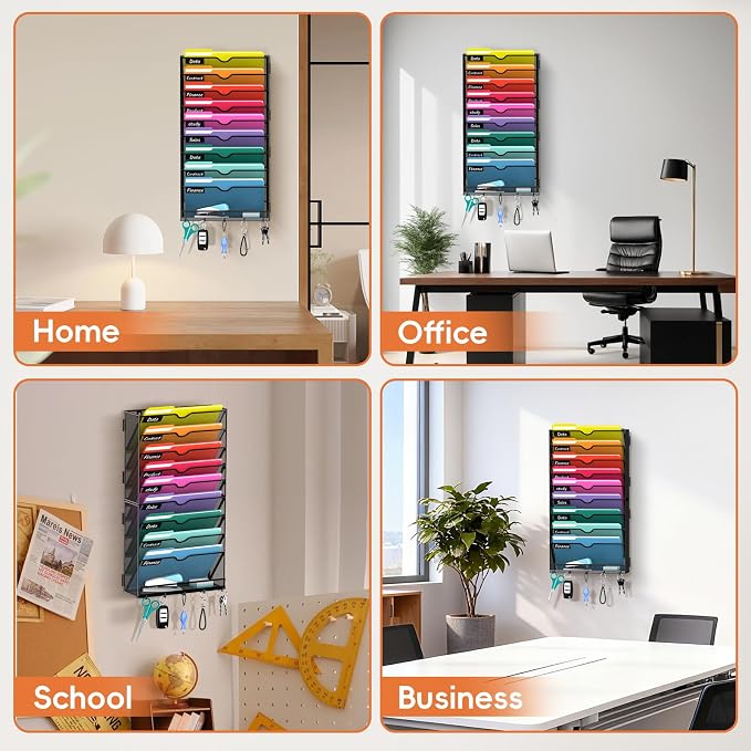 10-Tier Wall File Organizer with Hook, Hanging File Organizer Black | Wall-mounted mail storage holds papers, folders, files, clipboards and magazines, assembly required for office or home use.