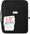 Sooez Zipper Binder Bag, 1.5 Inch Binders 3 Ring O-Ring, 5-Tab Dividers | Expanding File Folder, 650-Sheet Capacity Paper Organizer, Cute Organizer Storage for Student School Classroom Supplies Black