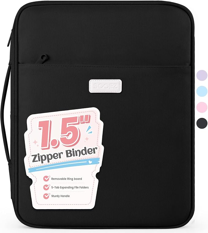 Sooez Zipper Binder Bag, 1.5 Inch Binders 3 Ring O-Ring, 5-Tab Dividers | Expanding File Folder, 650-Sheet Capacity Paper Organizer, Cute Organizer Storage for Student School Classroom Supplies Black