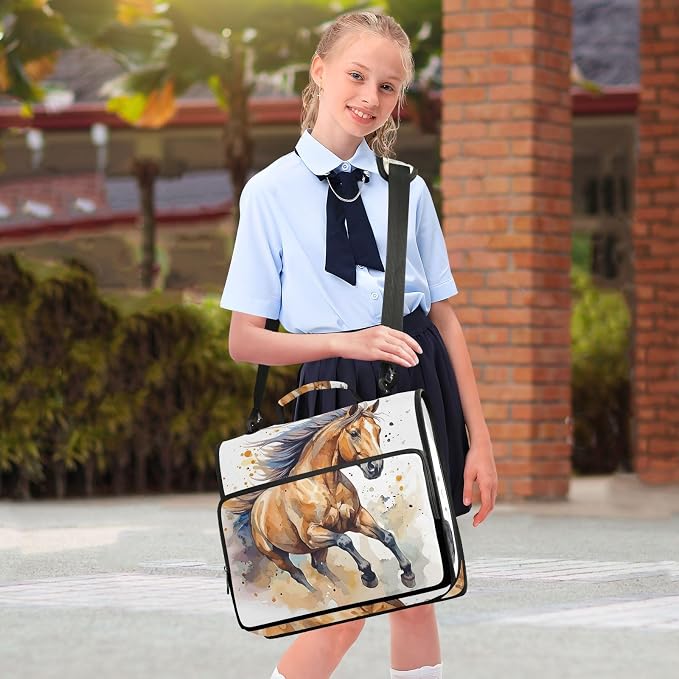 3 Ring Zipper Binder with Shoulder Strap Horse Watercolor 2 Inch Zippered Binder Bag 500 Sheet Capacity Multi Pockets for School Supplies