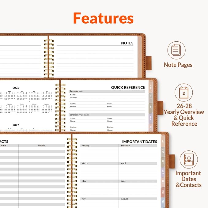 SUNEE 2026-2027 Weekly & Monthly Planner 6.4"x8.5" - 12 Month (July 2026 - June 2027), Vegan Leather Cover Planner Academic Year Calendar, Pocket, Notes, Monthly Tab, Brown