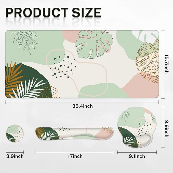Keyboard Mouse Pad Set, 4 in 1 Desk Mat Set, Boho Green | Leaves Large Mousepad+Keyboard Wrist Rest+Mouse Wrist Rest+Coaster Ergonomic Design for Home Office Computer