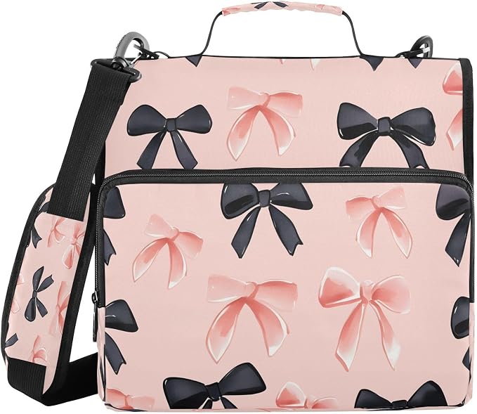 ALAZA Zipper Binder 3 Ring Pink Black Bows Pattern Binder Organizer with Zipper and Shoulder Strap Large Capacity Multi-Pocket Trapper Keeper File Folder for Office Supplies