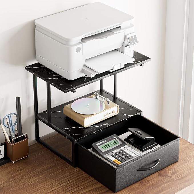 Masupu Printer Stand for Desk, Printer Table with Fabric Storage Drawer, 2 Tier Desktop Shelf, Multi-Purpose Desk Organizer for Home Office, 3D Printer, Fax Machine, Scanner, Marble Black