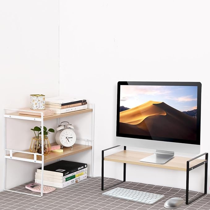 YGYQZ Desk Shelf Organizer, 1-Tier Desktop Bookshelf, Black & Wood | Cute Minimalist Style, Modular Desktop Storage, Space-Saving Organization, Ideal for Office & Dorm