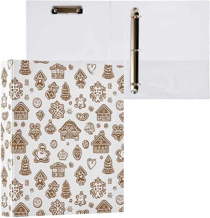 Winter Gingerbread Cookies Brown and White 3 Ring Binder 1.5" Decorative D-Ring Binder with Clipboard&3 Clear Pockets, Holds 200 Sheets A4 Size Paper Waterproof Binders for School Home Office|2 Pack