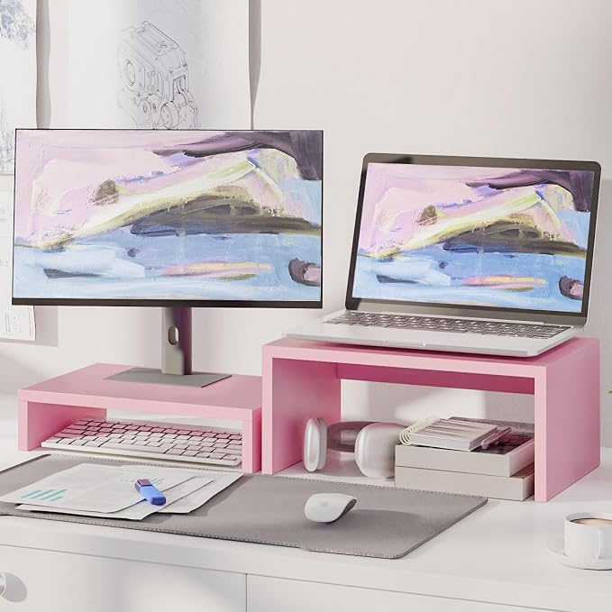TEAMIX Pink Monitor Stand - 6.7 inch Tall, Wood Riser, Desktop Organizer