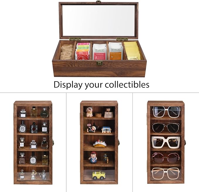 Ikee Design Wood 5 Shelf Wall-Mounted Case Display,Tempered Glass Door | Wall Mounted Wooden Collectible Display Case 5 Shelf Display Storage Accessories with Tempered Glass Door, Brown Color