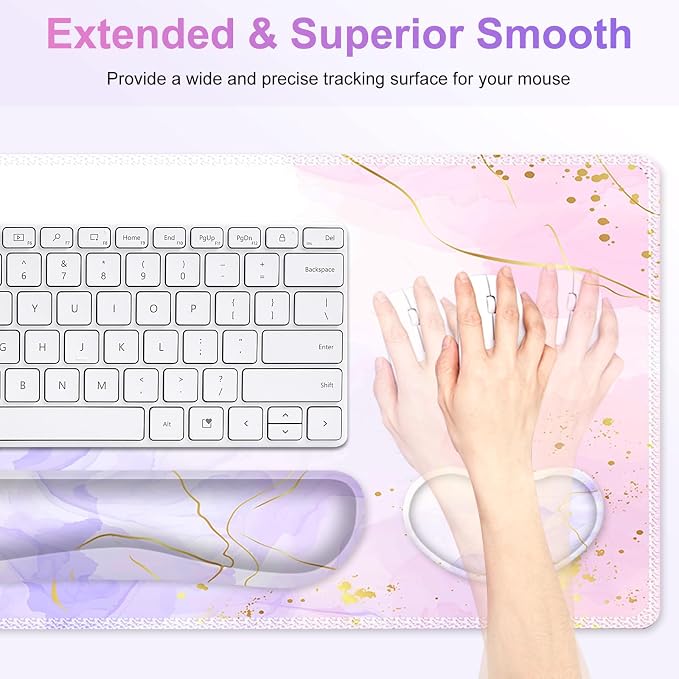 Large Gaming Mouse Pad Set, 4 in 1 Extended Keyboard Desk Mat with Wrist Rest, PC Computer Game Mousepad Set, Non-Slip Desk Pad Easy Typing Pain Relief for Home Office I Pink Purple Marble