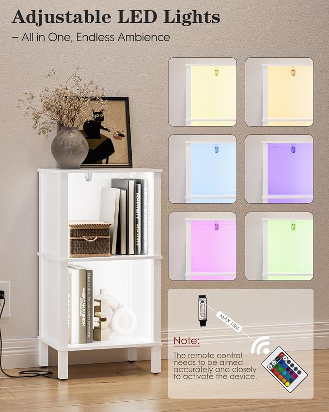 Bookshelf with LED Lights, Modern 2-Tier Bookcase, Open Storage Book Shelf, 11 × 14.2 × 27.4 Inches, Small Narrow Bookshelves for Living Room, Home Office, Bedroom, White