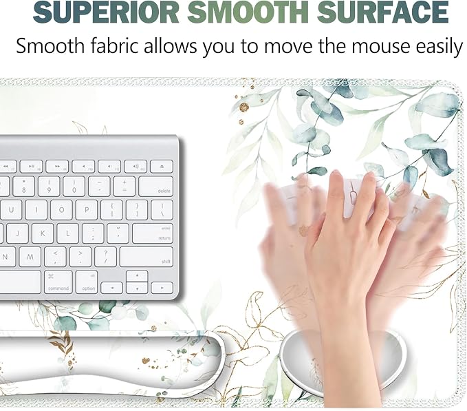 Gaming Mouse Pad Wrist Support Set, XXL Large Desk Mat Mousepad + Keyboard Wrist Support+ Mouse Wrist Rest+Coaster 4in1 Ergonomic, Memory Foam, Stitched Edge for Home Office -Pretty Leaves