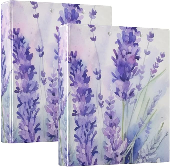 Purple Lavender Flower 3 Ring Binder with 2 Interior Pockets 1.5 inch Binders 3 Ring Heavy Duty Fit 8.5" x 11" Letter Size for Office School, 2 Pack