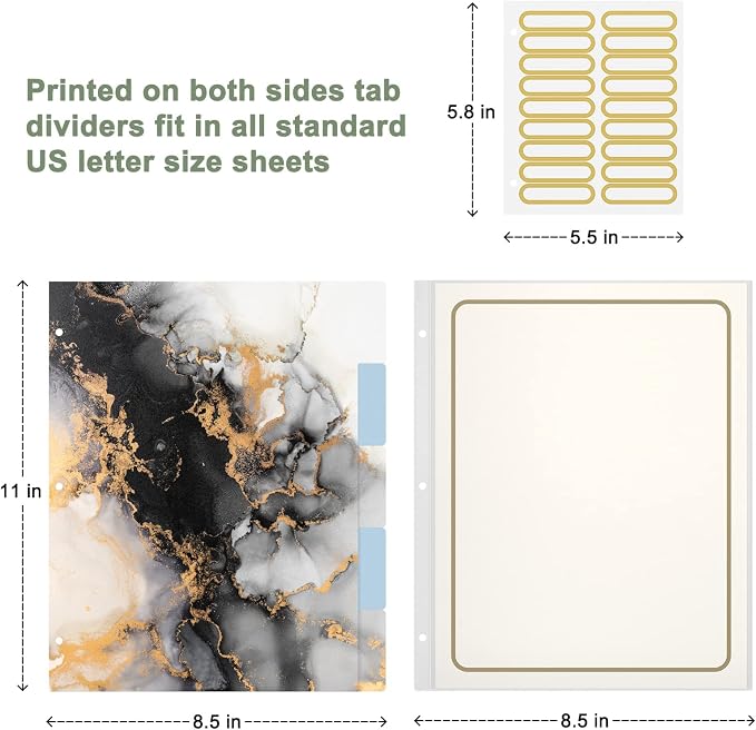 Rouidr 3 Ring Binder with clipboard, 1 inch 8.5 x 11 in Letter Size View Binders Organizer with Dividers Tabs & Clear Sleeves, School Supplies, Office Supplies, Black Gold Marble