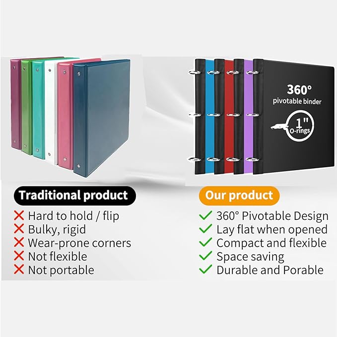 360 Degree Pivotable Binder, Upgraded 3 Ring Binder 1 inch, Flexible Binders 3 Ring, Foldable Three Ring Binders- Black