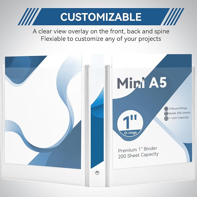 SUIN Mini 3 Ring Binder A5 Size 5.5"x8.5", 1" Round Ring 200 Sheet Capacity, Bulk 6 Pack White Binders for School Office