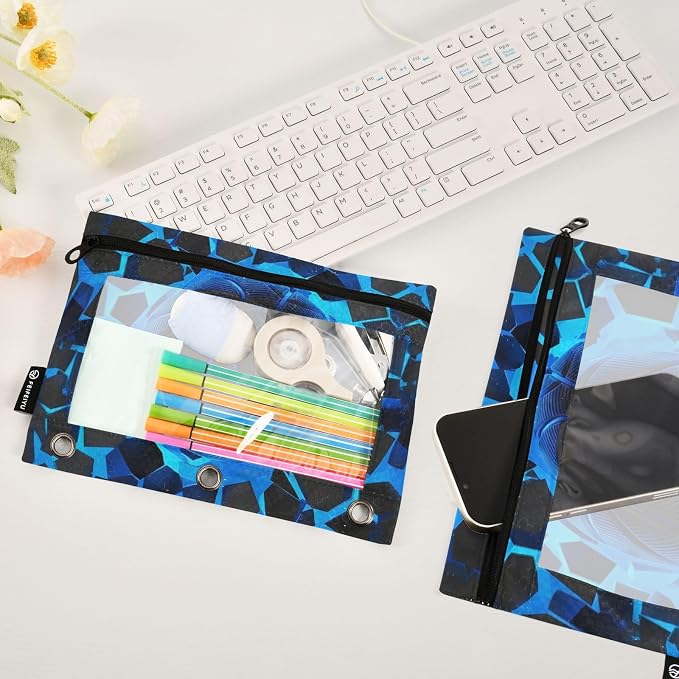 Blue Basketball Pencil Pouch for 3 Ring Binder, 2 Pack Waterproof Pencil Bags Clear Window Pencil Case Zipper School Office Supplies