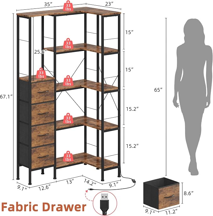 AFLUI Corner Bookshelf with LED Light Strips & 4 Fabric Drawers, 5-Tier Convertible Corner Shelf with Display Shelf, Large Wood Industrial Bookcase for Living Room, Bedroom, Home Office, Rustic Brown