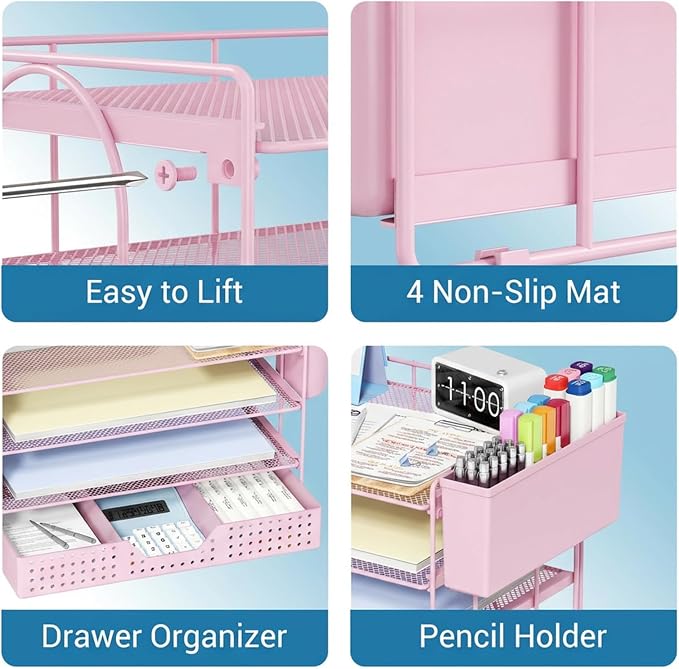 ECOLOVI Desk Organizer, 4-Tier Paper Organizer Letter Tray with File Holder, Drawer and 2 Pen Holders, Desktop File Organizer for Office Supplies, Workspace Storage, Pink