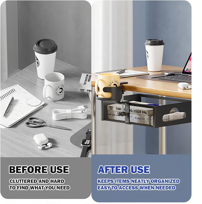 Cup Holder Under Desk Drawer 360° Swivel C-clamp Mounting Mesh Storage Box Spill-proof Easy Install Table Management Tray