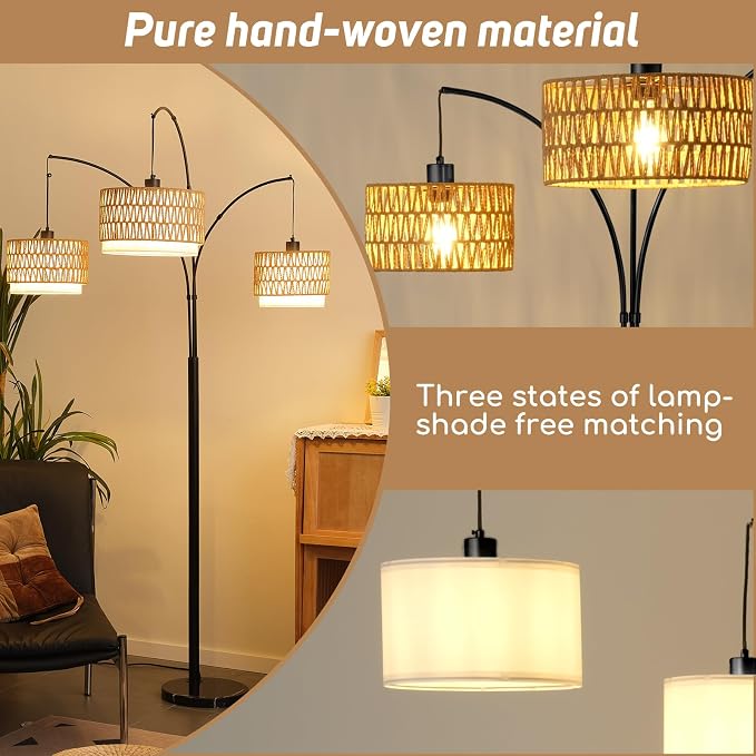 80'' Rattan Arc Floor Lamp for Living Room, 3-Light Boho Tree Tall Lamp | Heavy Natural Marble Base, 1/2/3-Light Rotary Switch,Double-layer Wicker/Fabric Shades for Reading Corners,8 ft+ Ceilings