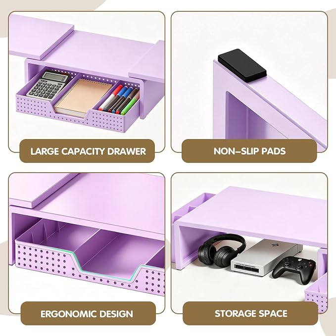 LEKETREE Dual Monitor Stand Riser with Drawer, Desk Organizer and Accessories, Monitor Stand for Desk, Desktop Stand for Computer, Laptop, TV and More (Purple)