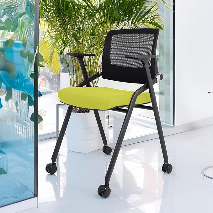 SLKJChr 10 Pack Foldable Office Chairs with Wheels, Mesh Back, Arms and Portable - Folding Office Chairs for Conference Room Chair, Office Guest & Reception & Meeting Chair - (Green) 300 lbs.