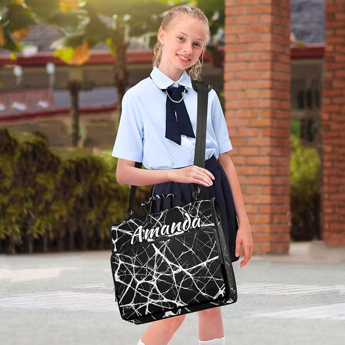 Custom 3 Ring Zipper Binder Black Marble White Pattern Personalized Name 1.5 inch Binders Large Capacity Multi Pockets for School Office Supplies