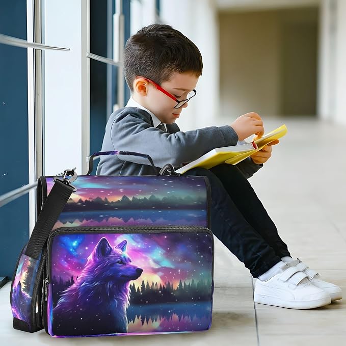 Stars Wolf Print Zipper Binder Bag 3 Ring with Shoulder Strap & Handle Multi Pocket Binder Organizer Bag Large Capacity for School Office Supplies