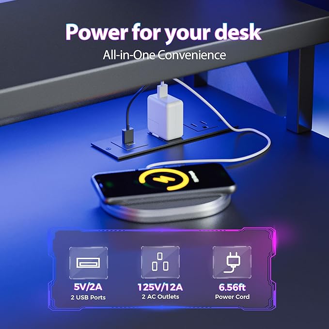 52 inch Gaming Desk with Drawers, Reversible Computer Desk, Black | Gamer Desk with LED Lights, Power Outlets & Monitor Stand, Large Office Table for Home Bedroom Study Work Writing