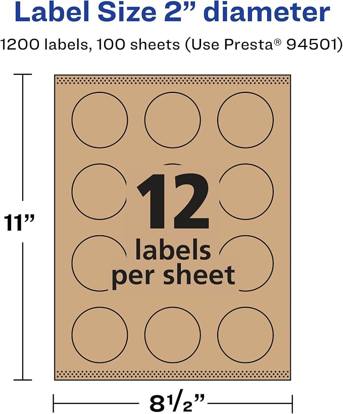 Avery® Kraft Brown Round Labels, Sure Feed® Technology, 2" Diameter, 1,200 Kraft Brown Labels, Print-to-The-Edge, Laser/Inkjet Printable