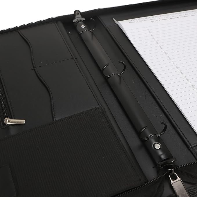 Portfolio 3-Ring Binder Organizer with Handle Zippered Padfolio Writing Pad Legal Size Notebook Business Folder Resume Interview for Men Women, Black