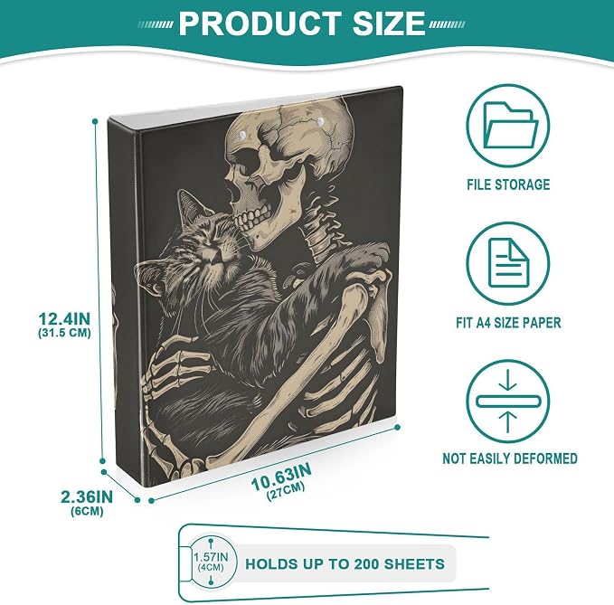 3 Ring Binder, Cat and Skeleton Skull File Folder Holds 200 Sheets File Storage for Women Men School Office Supplie