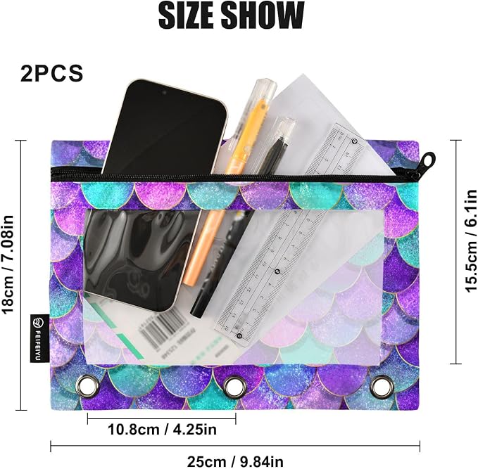 Pink Blue Purple Mermaid Scales Pencil Pouch for 3 Ring Binder, 2 Pack Waterproof Pencil Bags Clear Window Pencil Case Zipper School Office Supplies