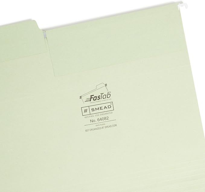 Smead FasTab Hanging File Folder, 1/3-Cut Built-in Tab, Letter Size, Moss, 20 Count (64082)