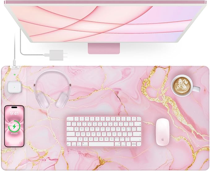 Pink Marble Mouse Pad with 15W Wireless Charging, with 20W Adapter | Large Gaming Desk Pad/Mat for Women Girls, Waterproof Ultra-Smooth Surface, Non-Slip Base, with 20W PD Adapter