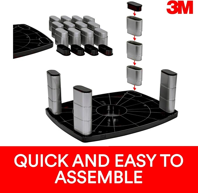 3M Adjustable Monitor Stand, Three Leg Segments, Simply Adjust Height from 1" to 5 7/8", Holds Up to 80 lbs, 11" Space Between Columns, Silver/Black (MS80B)