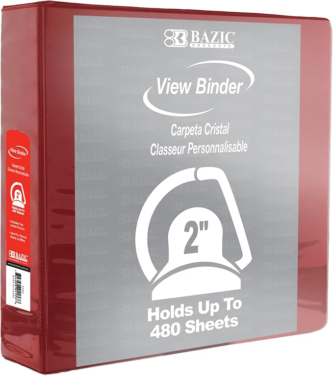 BAZIC Products 2" Burgundy 3-Ring View Binder, Slant-D Ring, 2 Pockets | 2 inside pockets, 2 in Burgundy view 3-ring binder, slant-D rings, holds up to 480 sheets, Durable poly cover, 2 Pockets