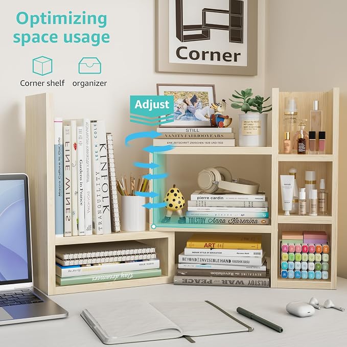 NUTIKAS Desk Shelves Desktop Organizer Shlef - Natural Wood Tone Office Organization for Top of Desk Organizers and Accessories Corner Bookshelf Table Top Shelving Small Hutch Decorations for Office
