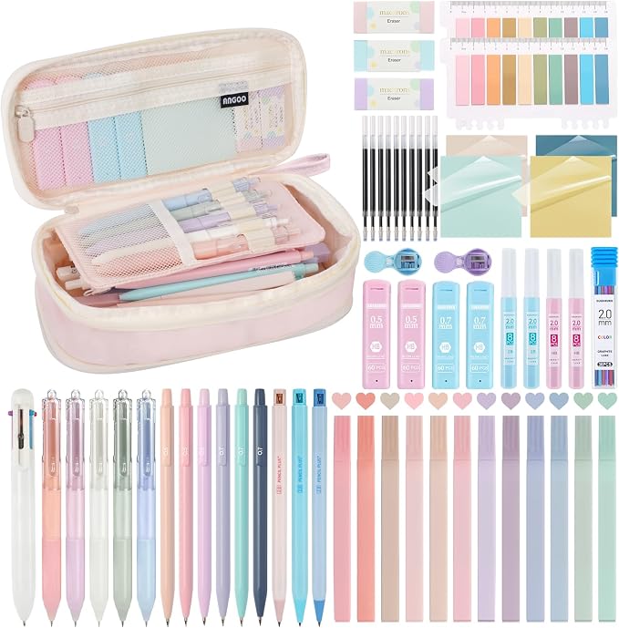 58 PCS Aesthetic School Supplies with Cute Pencil Case,12 Pastel Highlighters, 5 Gel Pens Black Ink，9 Mechanical Pencils for，Student Stationary，CollegeEssentials Gifts (pink)