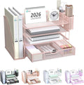 WALI Desk File Organizer, 4 Tier Desktop Paper Letter Tray Organizer with Drawer and 2 Pen Holders, Office Desk Accessories & Workspace Organizers for Office, Home Supplies(DO005DH-P), 1 Pack, Pink