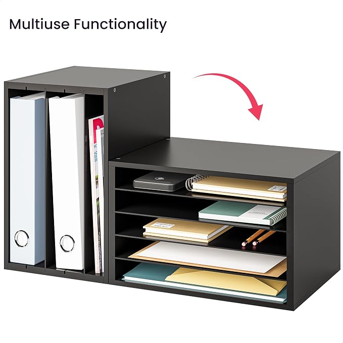 Ballucci 5 Tier Paper Organizer Letter Tray, Wood Desk File Organizer with Adjustable Shelves, Home Office School Letter/A4 Mail Sorter Magazine Holder - Black