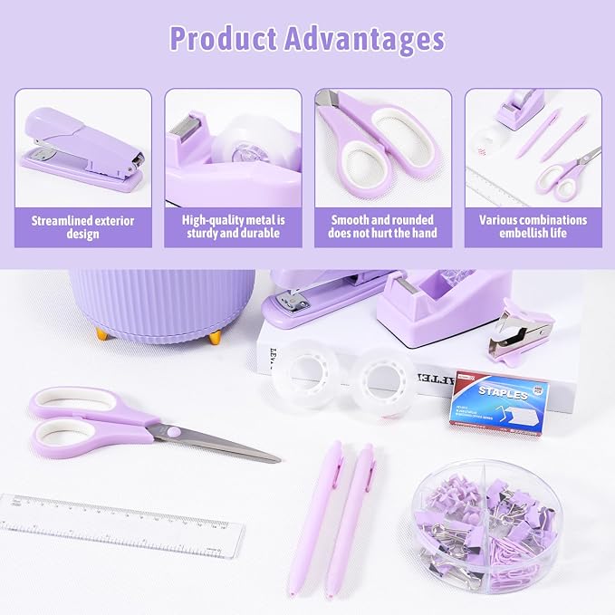 Gawsey Purple Desk Organizers and Accessories with Desk Organizer 360° Rotating Pen Holder and Office Supplies, Cute Stationery Supplies Set