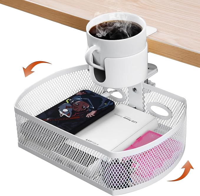 MASTLU Under Desk Organizer,Cup Holder,Table Management Tray, Swivel Pencil Drawer, Office No Drill Steel Organizers,360 Spin Hidden Storage Box with Sturdy C-Clamp,Easy Install (White)
