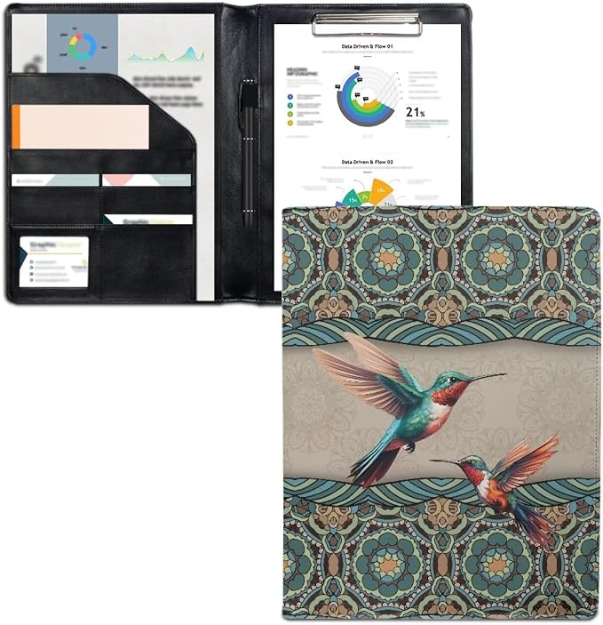 Dreaweet Leather Padfolio for Women,Boho Hummingbird Design Resume Portfolio Folder Interview Legal Document Organizer,Business Card Holder,Letter Sized Writing Pad