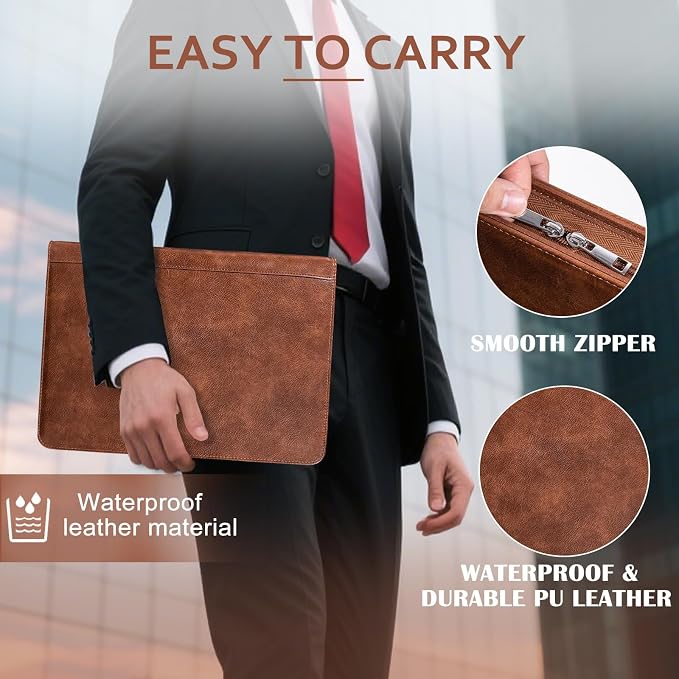 Calfinder 3 Ring Leather Binder with Zipper, Leather Portfolio for Men & Women, Business Padfolio Organizer for Interview, Resume & 13 inch Laptop