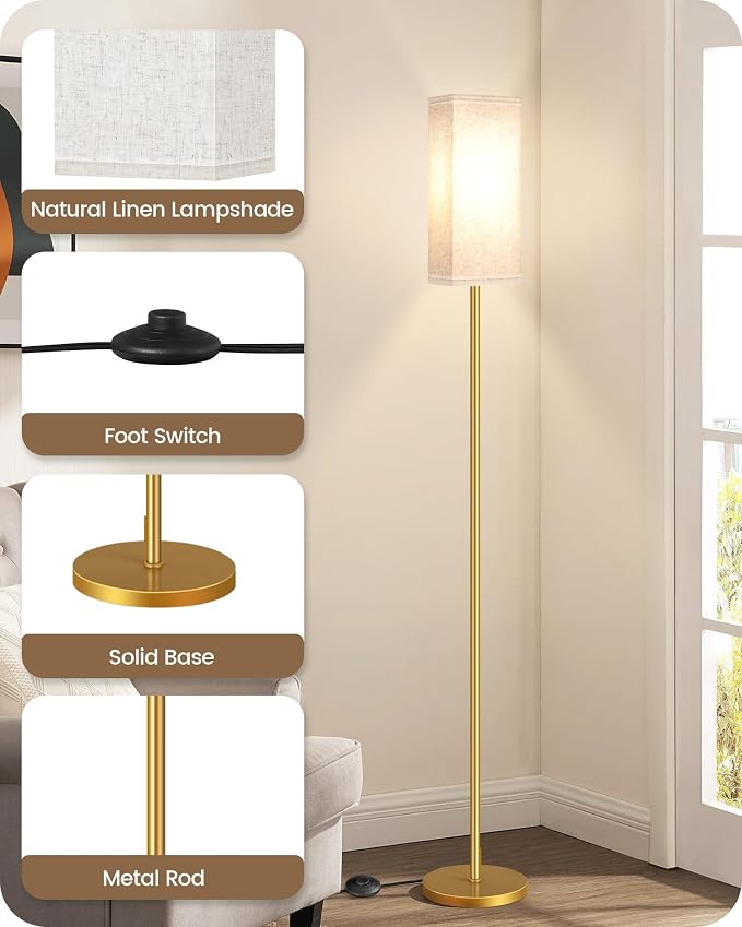 2Pack Floor Lamp, Pole with Foot Switch, Modern Standing Lamp Lampshade, Minimalist Freestanding Lamp (Bulb Not Included), for Living Room,Bedroom,Office,ETL Listed,Gold and Beige DE07LDP205