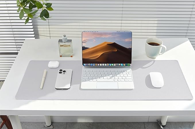 ALOANES Silvery Waterproof Desk Mat, Large Mouse Pad with Extended Mouse Mat, with Anti Slip Base, Stitched Edge, Grain Jacquard Surface, Perfect for Gamer, Office & Home, 3XL(15.74''x35.43''x0.12'')