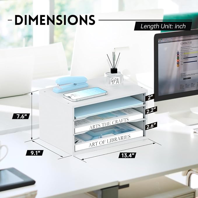 3 Tier Wood Desk Organizer, Mail Sorter and Paper Organizer for Desk, White | Wooden Desktop Organizer for Sorting Papers, Letters and Mails, Literature Organizer for Home Office, Classroom Organization